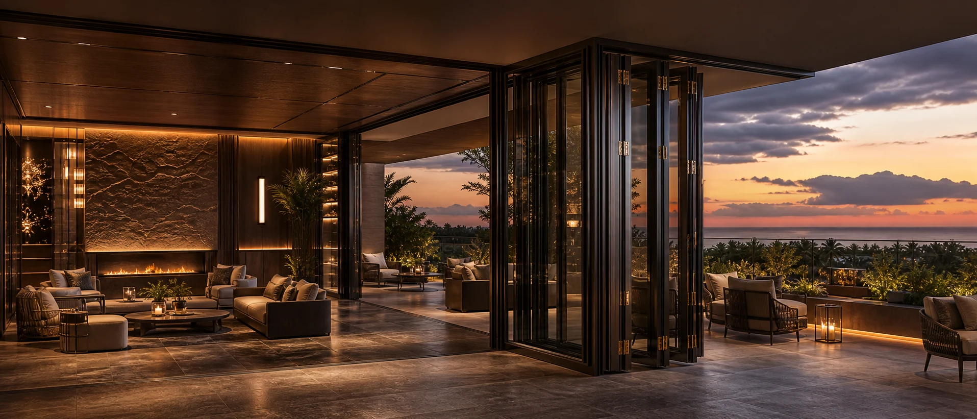 Dark bronze LIKI folding glass wall system partially open at a 90-degree hospitality lounge corner